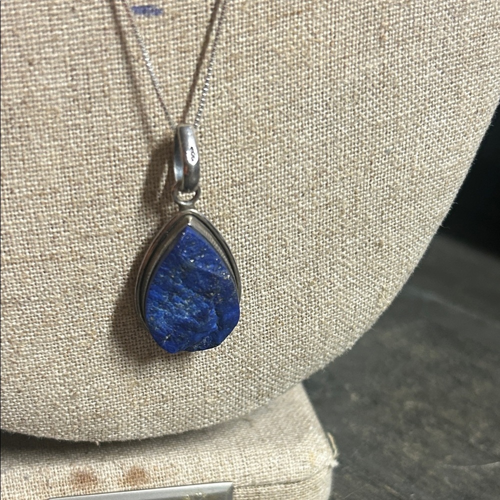 Raw Lapis Teardrop Sterling Silver Pendant & Chain Necklace - Blue 20 inch
